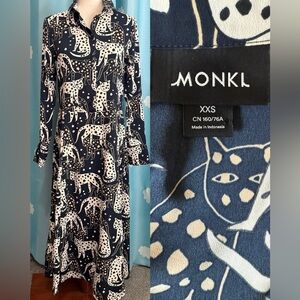 MONKL cat print maxi dress. Button front XXS